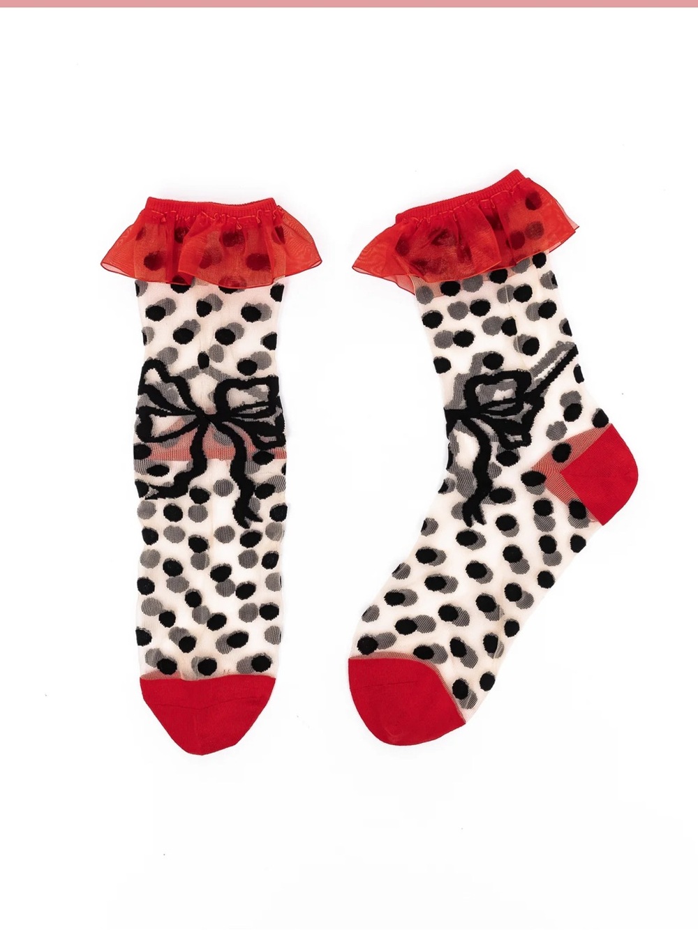 Sock Candy Polka Dot Bow Ruffle Sheer Crew Sock- Red/Black
